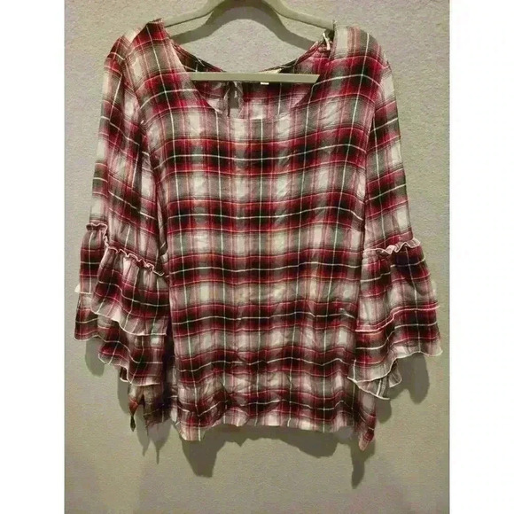 Jane And Delancey Women's 1X Red Plaid Balloon Sleeve Blouse Multicolor - Picture 1 of 11